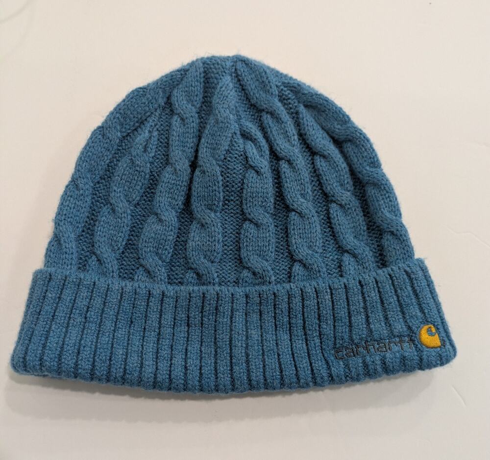 Carhartt Women's Blue Cable Knit Beanie Lake Blue Cuffed Winter Hat WA061 EUC